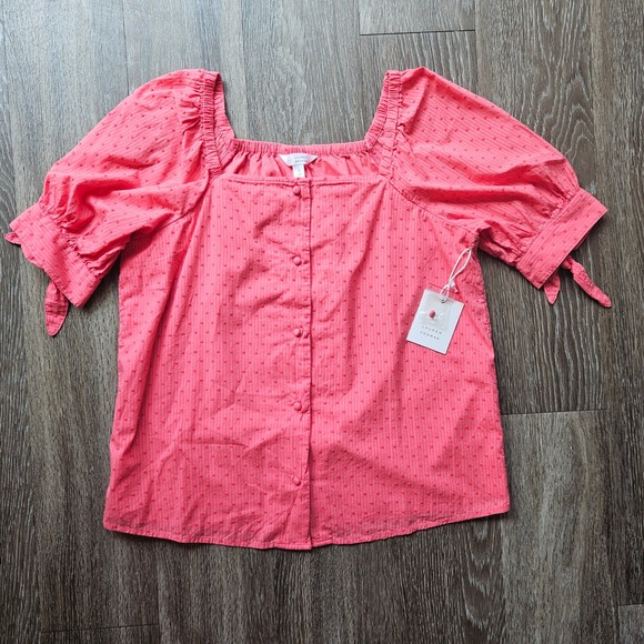 Lauren Conrad Women's Swiss Dot Puff Sleeve Button Front Top Coral Pink S - Picture 1 of 6